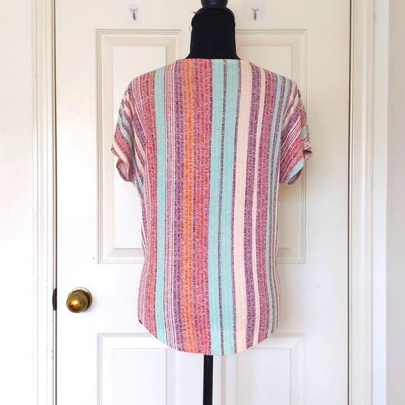 NWOT Color Stripe Drop shoulder LooseFit ShortSleeve V-Neck Button Down knit Top - Picture 2 of 5